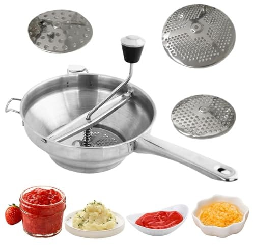 Duroecsain Rotierende Lebensmittelmühle, Lebensmittelmühle für Apfelmus | Edelstahl 3 Mahlscheiben Lebensmittelmühle Ergonomischer Lebensmittelwolf - Rotierende Küchenmühle mit Griff, Handkurbel,