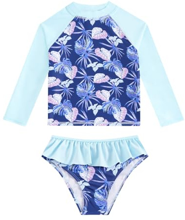 WYTbaby Maillot de bain 2 pièces avec protection UV pour filles - Maillot de bain sirène à manches longues - Maillot de bain pour fille - Pour l'été et la plage - Pour 4 à 10 ans, Plante bleue., 4-5