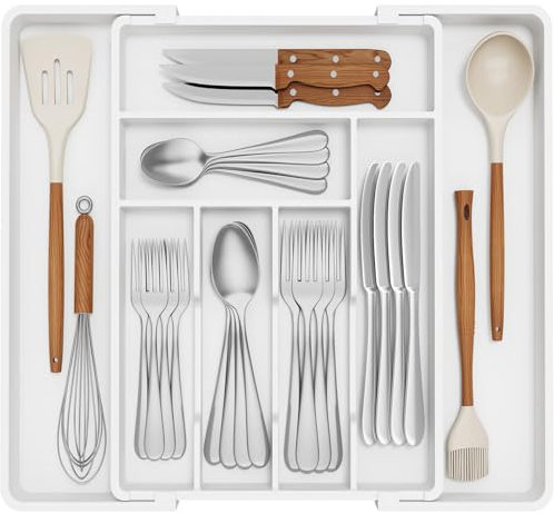 Lifewit Cutlery Drawer Organiser, Expandable Cutlery Tray for Kitchen, Adjustable Utensil Holder for Deeper Drawers, Tableware Flatware Silverware Knife & Fork Organiser, 8 Compartment, Large, White