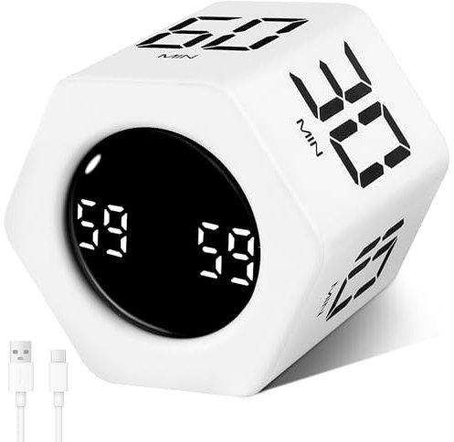 Cuteefun Temporizador Cocina, Temporizador Digital Giratorio Hexagonal, 1-5-10-30-60 Minutos Cuenta Atrás, Modo Silencioso y Vibrante, Volumen Ajustable, Timer para Escritorio, Reunión, Blanco