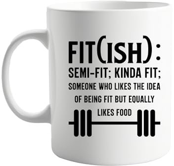 signkitsuk Fit Ish 11oz Coffee Mug – Funny Gym Lover Gift for Fitness Enthusiasts Who Love Working Out and Eating Too – Workout Humor Present for Men and Women – Exercise and Cheat Day Balance Mug