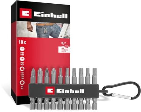 Original Einhell Bit-Set 10-tlg. (50-mm-Bits PH/PZ/T/H, sandgestrahlter S2-Stahl, Bit-Riegel mit Karabiner, E 6.3 Schaft)