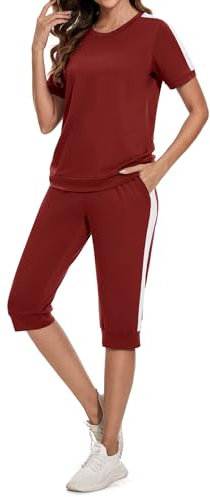 Aottori Jogginganzug Damen Set Rundhals Kurze Ärmel Trainingsanzug Zweiteiler Elegant Hausanzug Freizeitanzug Sportanzug 2 Teiler Sommer Outfits Weinrot XL