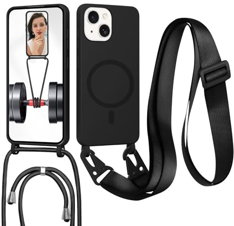 MBSLFY Magnetische Handykette für iPhone 13 Hülle mit Band, Handyhülle Kompatibel mit MagSafe, mit Abnehmbar Kordel Umhängen Stossfest Handy Schutzhülle für iPhone 13, Schwarz