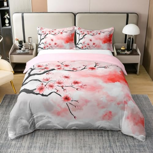 Homewish Baumwolle Kirschblüte Bettbezug Rosa Blumen Bettwäsche Set 155x220 | für Mädchen Frauen Kinder Teens Erwachsener Japanischer Stil Bett Set Ombre Gradient Aquarell Blumen Bettbezug Reißverschluss