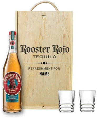 Personalised Rooster Rojo Tequila Gift Set with Shot Glasses – Alcohol Present for Men or Women with Engraved Wooden Box – Tequila Bottle 70cl (38% ABV) – Margarita, Cointreau, Gift Idea