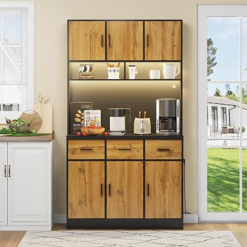 Oxtao Küchenschrank Buffetschrank mit LED Sideboard für Küche mit Steckdosenleiste Küchenschrank mit Arbeitsplatte und 3 Schubladen Küchenbuffet mit Verstellbares Regal, 180x100x40 cm (Natur)