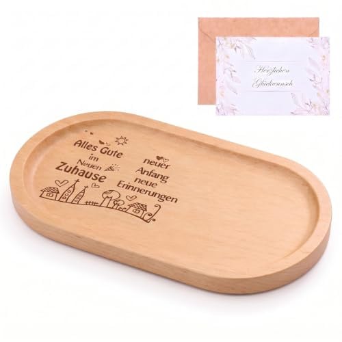 Seutgjie Einzugsgeschenke Wohnung Holztablett Grußkarten | Personalisiertes Richtfest Geschenk Holz Deko mit Gravur Kleine Aufmerksamkeit Einweihungsgeschenk Haus