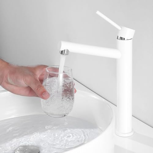 Tondiy Rubinetto Lavabo Alto Bianco, Miscelatore da Appoggio per Bagno | Angolo di Uscita Dell'acqua Umanizzato, Rubinetti Monocomando Acciaio Inox 304, Acqua Calda e Fredda, Aeratore Rimovibile