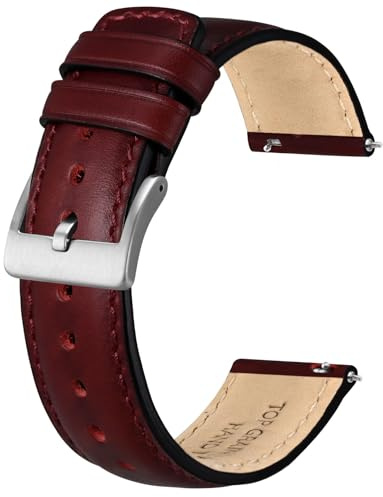 BISONSTRAP Leder Armband für Damen und Herren, Öliges Pull-Up Leder, Schnellverschluss Uhrenarmband, 22mm, Burgunder (Silberne Schnalle)