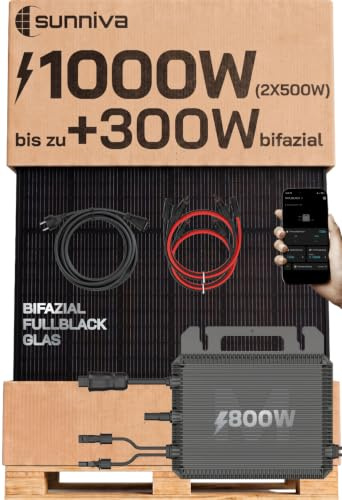 SUNNIVA® 1000W Balkonkraftwerk mit 800W Wechselrichter MARSTEK, BIFAZIAL FULLBLACK komplett Steckdose, PV Solaranlage Komplettset mit 5 m Anschlusskabel und 4x 1m Solarkabel, 2x 500W N-Type Glas