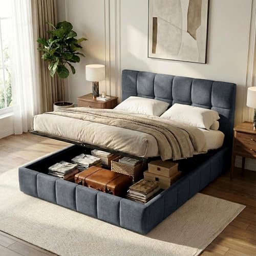 CLP Polsterbett mit Stauraum Ladia, Bettgestell für Matratzen, Lattenrost mit Lift-Mechanismus, Doppelbett mit Stoffbezug, bis 300 kg, Farbe:dunkelgrau, Größe:160 cm