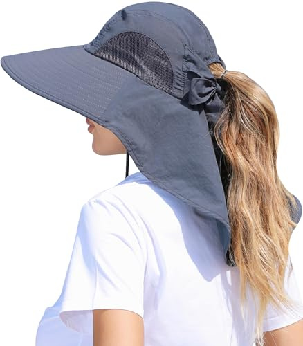 Yemlarey Damen Sonnenhut mit Breiter Krempe UV Schutz Wanderhut Faltbar Fischerhut Sommer Safari Hut mit Pferdeschwanzloch Gartenhut Tropenhut Strohhut Gärtner