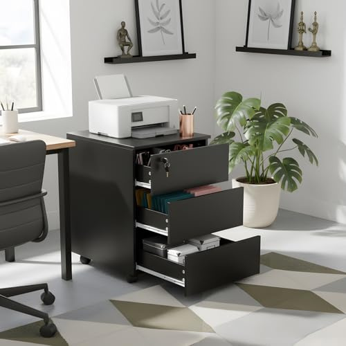 GOKHOMX Lot de 2 Caisson Bureau à 3 Tiroirs, Meuble Imprimante avec Rangement, Petit Meuble de Bureau Noir, Casier Rangement avec Serrure, Bois, 39x45x54cm