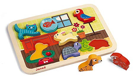 Janod Chunky-Puzzle aus Holz, Haustiere, 7 Teile, Entwicklung der Feinmotorik und Konzentration, ab 18 Monaten, J07024