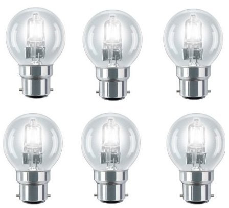 Status, Tesco, GE, Sylvania 6 Pack Eco Halogen Mini Globes 28W (=35W-40W) BC B22 B22d Classic Clear Round Energy Saver Light Bulbs, Bayonet Cap, Golf Ball Dimmable Lamps, 340-370 Lumen, Mains 240V