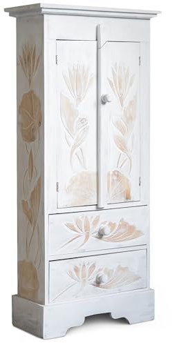 livasia Balinesischer Schrank – 45x20x100cm – Vintage Kommode mit 2 Schubladen, Wohnzimmer Kommode im Landhausstil aus Albiziaholz, Handgefertigt und Nachhaltig aus Bali (Whitewash)