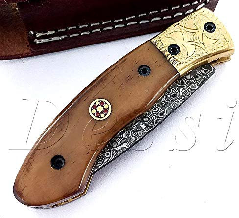 Dessi Handmade damascus steel blade folding knife. Blade length under 3 inches. Legal to carry.1684
