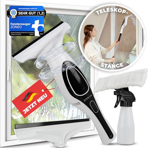 ZONEO Juego de limpiacristales para Limpiar Ventanas sin Rayas – Limpiador eléctrico para Ventanas, Espejos, Azulejos, etc. (Incluye Accesorios)
