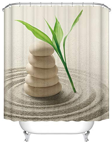 Fangkun Spa Decor Bamboo Shower Curtain Set - Zen Stone Garden Rocks Spa Bamboo Beach Art Bath Curtains - Polyester Fabric Waterproof Curtains - 12 PCS Hooks - 72 x 72 inches