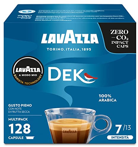 Lavazza, A Modo Mio Dek Cremoso, 128 Capsules de Café, pour un Espresso Décaféiné aux Notes d'amandes et de Fruits Confits, 100% Arabica, Intensité 7/13, Torréfaction Moyenne, 8 Paquets de 16 Capsules