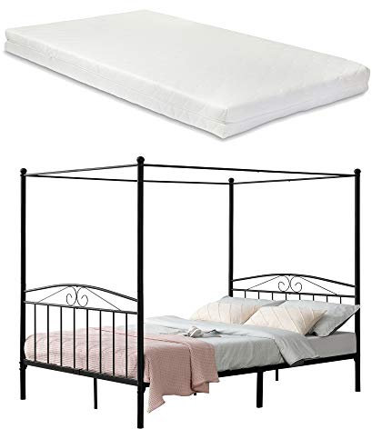 [en.casa] Himmelbett Lahti 180 x 200 cm Schwarz Metallbett Doppelbett Bettgestell mit Lattenrost auf Stahlrahmen mit Kaltschaum-Matratze