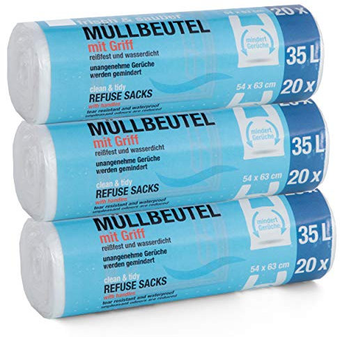 Premiumline 3 juegos de 20 bolsas de basura con asa/asa, 35 l, especialmente resistentes e impermeables, tamaño: 54 x 63 cm.