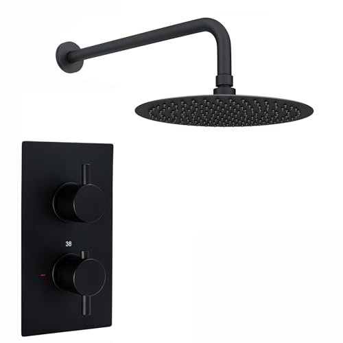 ENKI SH0265 Naples Contemporary Round Concealed Thermostatic Shower Set Wall Fixed 8 Shower Head - Matte Black (1 Outlet)