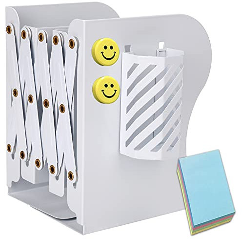 Qualsen Buchstützen, Buchstütze mit Stifthalter, Verstellbar Buchhalter, rutschfeste Bookends für Zuhause, Büro, Schule, ausziehbar bis zu 19 in (weiß)