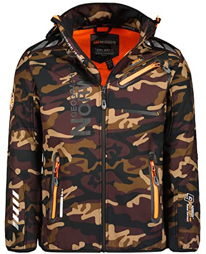Geographical Norway ROYAUTE MEN - Veste Softshell Homme Impermeable - Manteau À Capuche Outdoor - Blouson Coupe Vent Tactique Resistant Hiver - Activites En Exterieur (CAMO Kaki / Orange L)