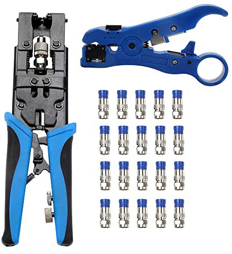 TLS.eagle Coax Cable Crimping Kit Adjustable Tool Set Coaxial Cable Crimping Tool for RG59 RG6 F BNC RCA with 20 PCS F Compression Connectors