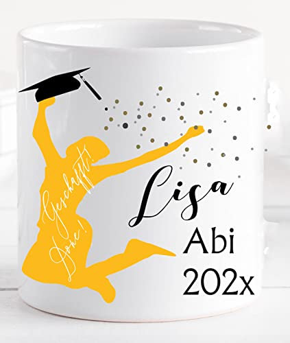 Abitur Geschenke für Abiturienten Mädchen/Tochter - Abitur bestandenes Abi 2025 - Tasse mit Namen personalisiert als Geschenkidee (Jubel gelb)
