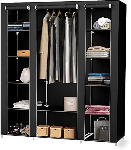 YIZHE Armario Closet Organizador Textil Plegable, de Tela, Estantería de Almacenaje, Resistente al Polvo, Tubo de Acero, (tamaño XXL, 172 * 134 * 43cm), de Tres Puertas sin Tejer,Negro