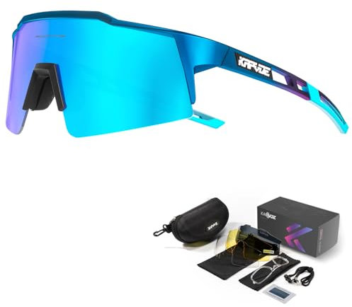 KAPVOE Polarisiert Fahrradbrille mit 4 wechselgläser TR90 Rahmen für Herren Damen Sport Radfahren MTB Sportsonnenbrille Radbrille Sportbrille Fahren Angeln Baseball Laufen 06 Blau
