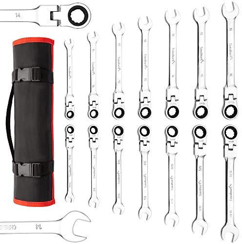 Towallmark 14 CR-V 14 piezas métricas y pulgadas cabeza móvil cabeza fija trinquete llave conjunto 14 piezas