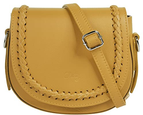 Cluty Umhängetasche Echt Leder Damen Made in Italy, Geflochtene Ledertasche, Crossbody Bag, Handtasche klein, Abendtasche für Smartphone, Umhängetasche mit Klappe gelb 021316