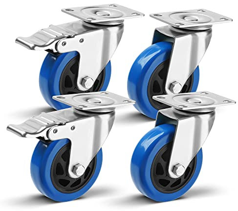 WISD 4er Set Möbelrollen 100 mm, Schwerlastrollen mit 2 Bremse, Tragfähigkeit 400KG, Transportrollen Lenkrollen für Innen und Außen