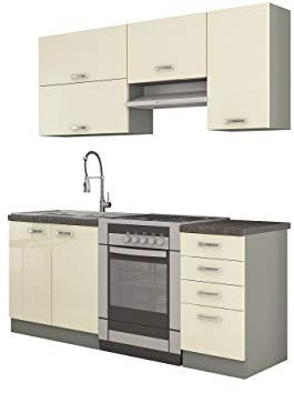 Mirjan24 Küche Multiline II, 180 cm Küchenblock/Küchenzeile mit Arbeitsplatte und Spülbecken, 5 Schrank-Module frei kombinierbar (Grau/Creme Hochglanz; ohne Beleuchtung)