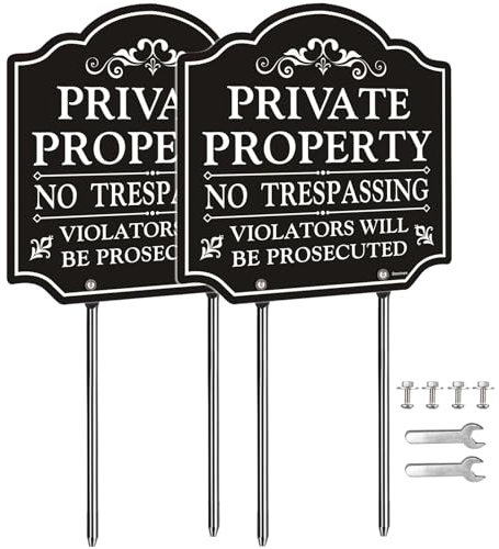 Lot de 2 panneaux « No Trespassing » en aluminium, piquets métalliques inclus, protégez votre maison (30,5 x 30,5 cm)