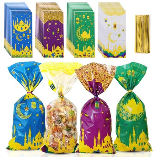Leonshco 100 Stück Ramadan Tüten zum Befüllen, Eid Mubarak Tüten mit Moschee-Druckmuster, Ramadan Dekoration Cellophantüten mit 100 Twist Krawatten für Süßigkeiten/Kekse/Ramadan Geschenke (A)