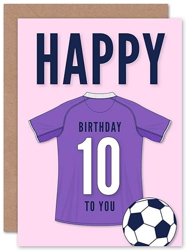 Artery8 Soccer Football 10th Birthday Card for Boys Girls Purple Jersey Football Top on Pink Background