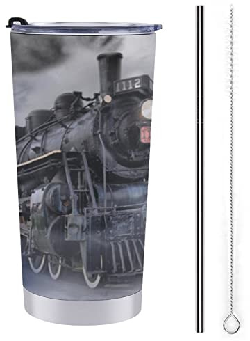 FJAUOQ 20oz Vintage Steam Train Stainless Steel Tumbler with Lid and Straw, Insulated Coffee Tumbler Cup Travel Mug for Mom Dad Gift Valentines Day Gifts