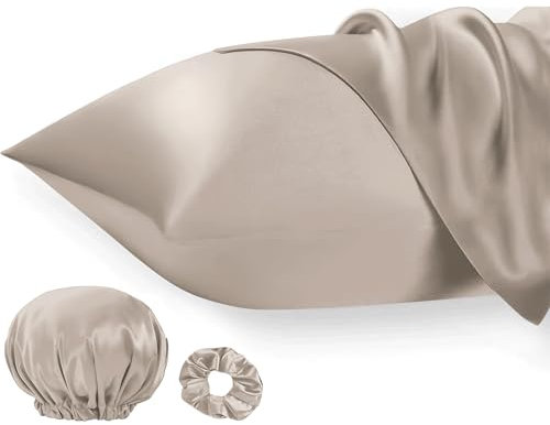 Seiwohl Satin Kissenbezug 40 x 80 2er Set, Weich wie Seidenkissenbezug Silk Pillowcase, Vegane Seide Kopfkissenbezug Kissenhülle Haarschutz für die Nacht mit Haargummi und Haarhaube, Taupe