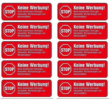 10 x Brandengel® Keine Werbung Aufkleber - Schild rot extra Starke Folie - Sticker (Stop Keine Werbung ! Keine Kostenlose Zeitung, Handzettel, Wurfsendungen und Wochenblätter) für den Briefkasten 10St