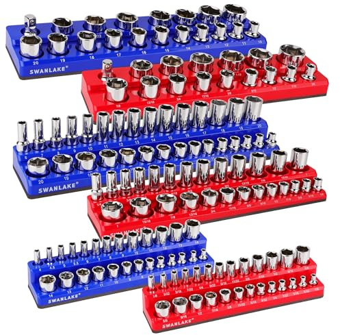 Magnetic Socket Organizer Set, 6PCS Socket Holder, 1/4, 3/8, 1/2 Sockets Holds 143 Pieces Magnetic Sockets Trays (Blue&red, 6 Pcs)