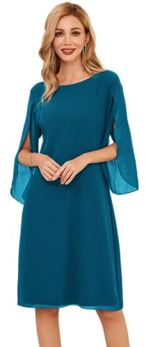 GRACE KARIN Ladies Elegant Midi A Line Cerulean Dresses 3/4 Sleeves Flowy Chiffon Party Dresses for Summer Size 14