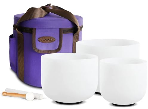 Siceeoly Set of 3 Singing Bowls 8-12 inch 8B 10F 12C Frosted Chakra Quartz White Crystal Sound Healing Crystal with 1 Travel Carry Case Bag 1 Mallet Suede 1 Striker 3 O-rings
