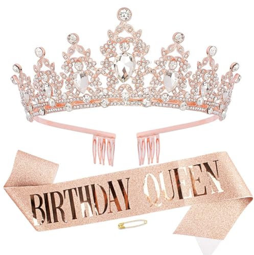 Geburtstag Tiara und Schärpe Mädchen Krone Dekoration Schärpe Birthday Queen Schärpen Hochzeit Braut Tiara Stirnband Kristall Strass Prinzessin Tiara Krone mit Kamm für Geburtstag Party Roségold