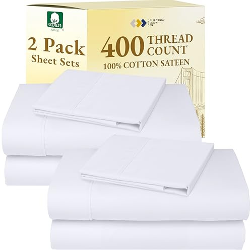 California Design Den 2-Pack Twin Cotton Sheets Sets - 400 Thread Count 100% Cotton Sateen - Soft and Breathable Sheets, 2 Sets of Deep Pocket Bed Sheets - Bright White