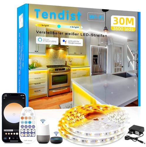 TENDIST 30M LED Strip Warmweiß 3000k Kaltweiß 6500K, Alexa Kompatibel Weiß Led Streifen mit Fernbedienung, Dimmbar Selbstklebend Unterschrank Beleuchtung Led Lichtband für Küche, TV, Vitrinen